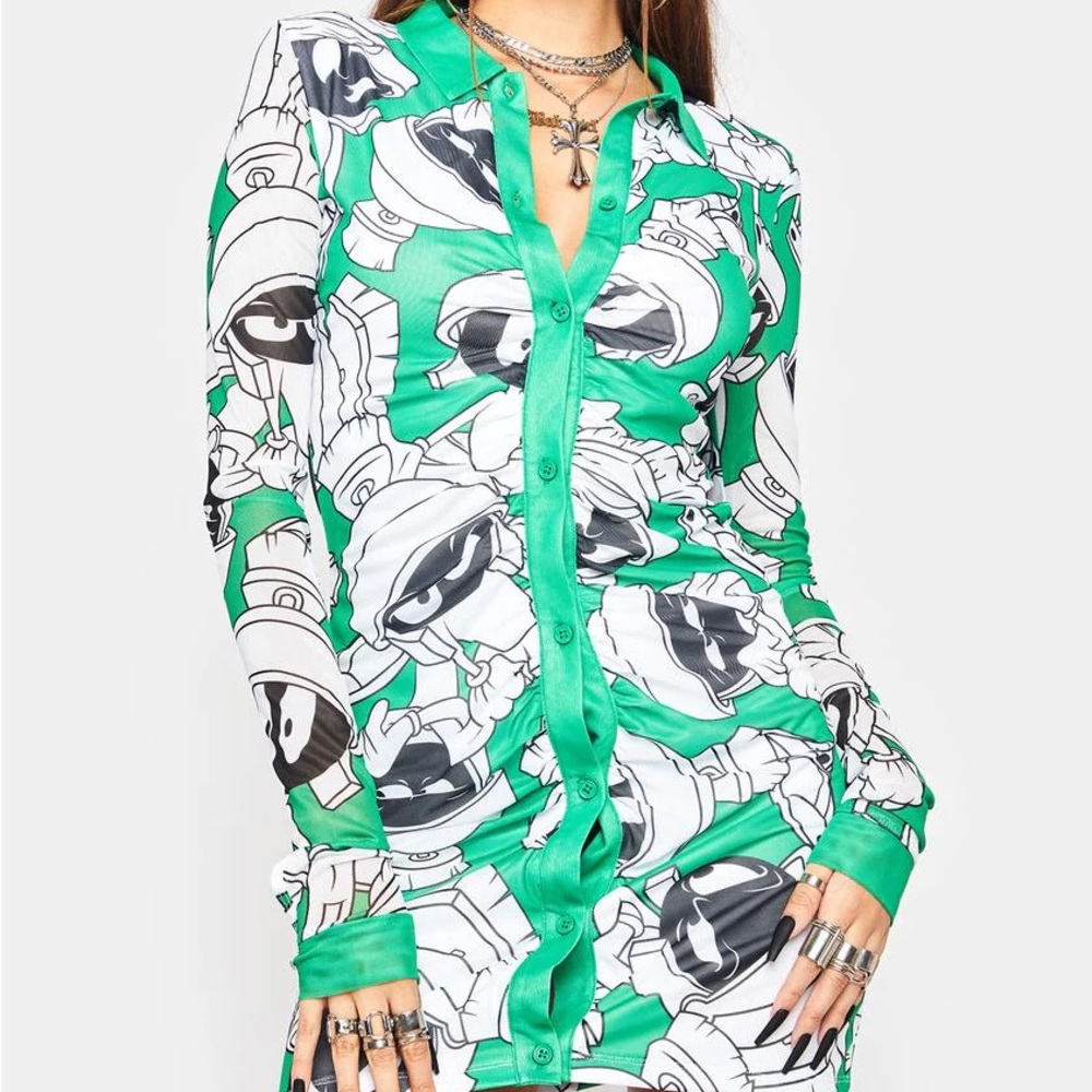 Dolls Kill x Looney Toons Marvin the Martian mesh button down dress